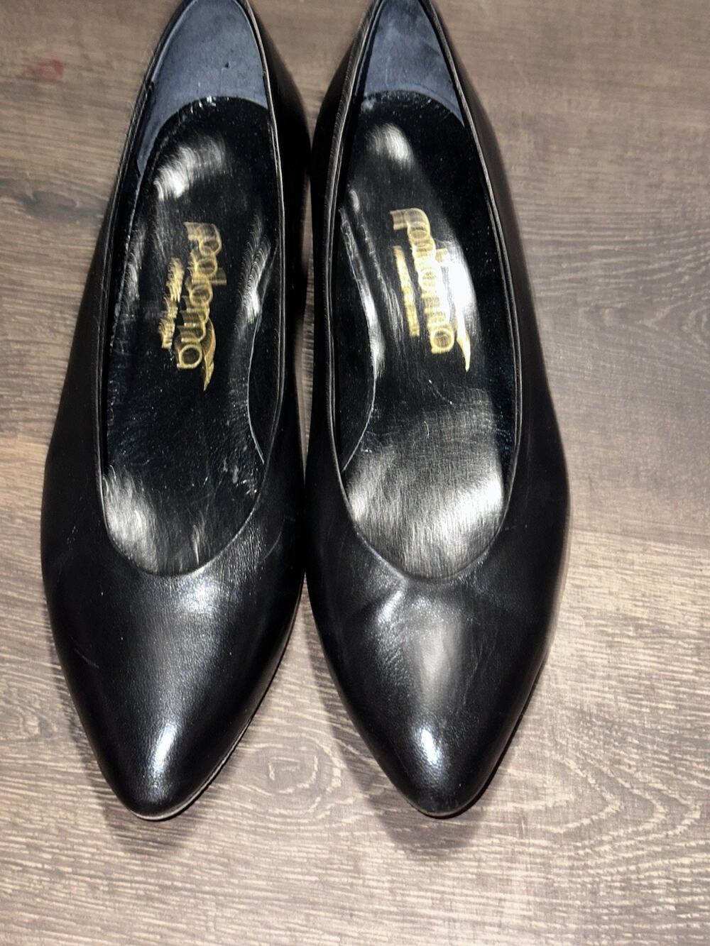 Paloma Black Leather Flats Small Block Heel Pointed Toe SZ 7 AA Made In Spain